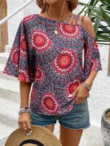 SHEIN VCAY 女性不對稱領口印花襯衫 - 彩色 - 查看 6