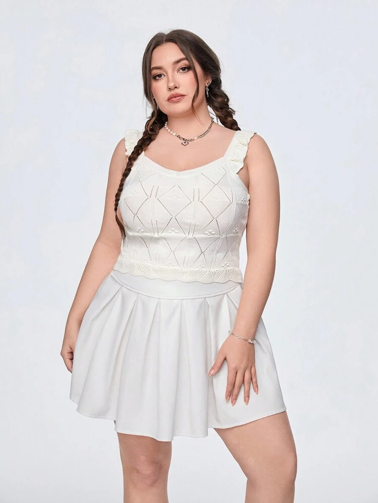 Plus Size Knit Sweater With Hollow Lace Design And Ruffle Hem