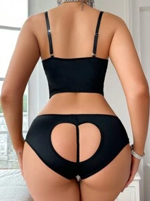 Conjunto De Bralette Y Bragas Sin Aros Calados En Forma De Corazón De Patchwork De Encaje Sexy