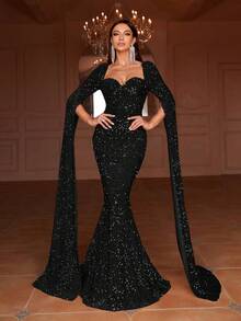 Faeriesty Váy đuôi cá sequin tay dài cổ tim - màu đen - Xem 3