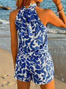 SHEIN VCAY 女用植物印花掛脖上衣和短褲套裝 - 藍色 - 查看 2