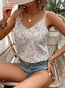SHEIN Frenchy Camiseta Pequeña Estampada Con Flores Estilo Francés Con Encaje Y Lazada Trasera