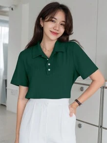 DAZY Solid Color Ribbed Knit Short Sleeve T-Shirt Summer - Dark Green - View 4