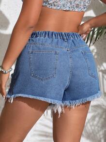 SHEIN Privé Kích thước lớn Frayed Hem Đau khổ Quần short Denim Với tua - Rửa trung bình - Xem 2