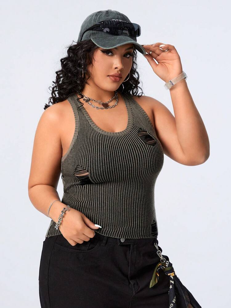Plus Size Street Style Casual Distressed Washed Ripped Knitted Tank Top