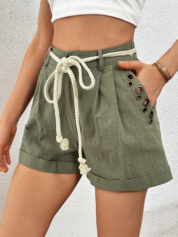 Casual Green Wrap Tie Linen Metal-Eyelet Pockets Shorts For Daily Wear