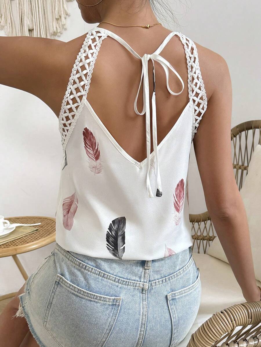 SHEIN Frenchy Women's Tie Back Lace Romantic And Elegant French Style Feather Print Halter Top Summer Casual - Multicolor - View 1