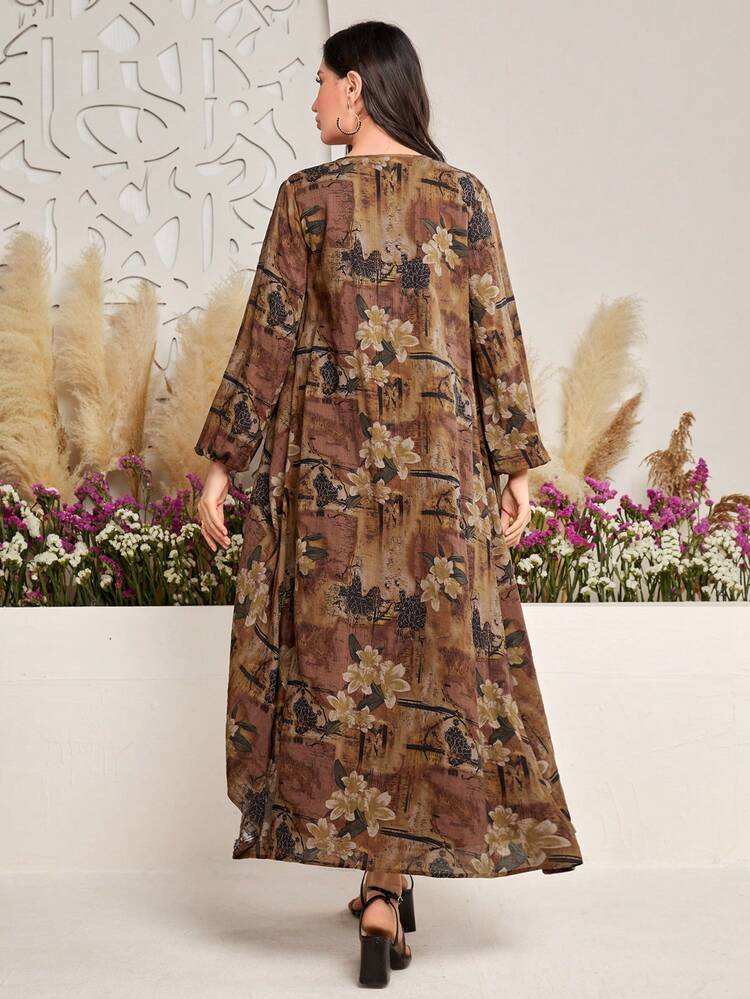 Floral Print Round Neck Fit & Flare Dress And Lantern Sleeve Coat 2 Piece Set