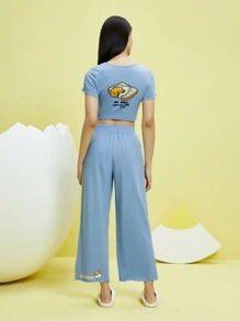 Gudetama X SHEIN Cartoon And Slogan Graphic Lettuce Trim PJ Set - Baby Blue - View 1