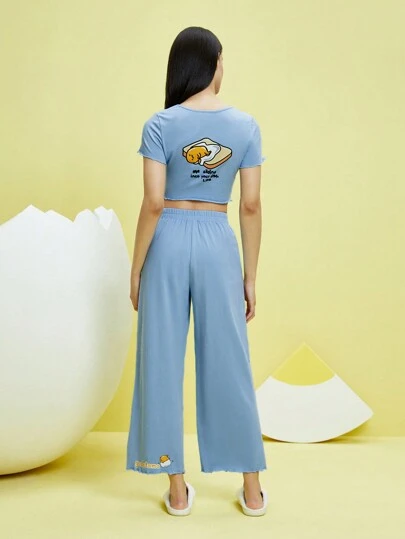 Gudetama X SHEIN Cartoon And Slogan Graphic Lettuce Trim PJ Set
