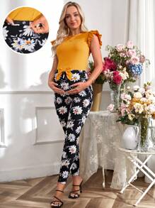 SHEIN Maternity Ruffled Round Neck Top And Adjustable Flower Printed Slim Fit Pants Two-Piece Set, Suitable For Romantic Holiday Spring And Summer - Yellow - View 1