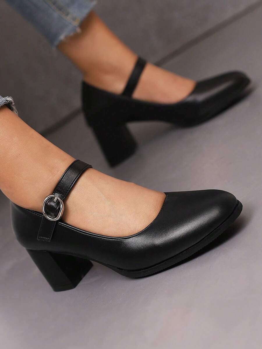 Black Elegant Mary Janes Pu High Heels Shoes For Women, Spring And Autumn New Arrival, Great For Work And Daily Wear - Black - View 1