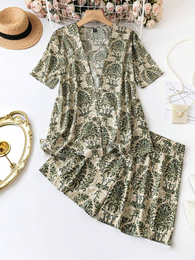 Plus Size Cardigan Sweater And Shorts Set