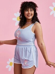 HELLO KITTY AND FRIENDS | SHEIN Plus Cartoon And Letter Graphic Ringer Tank Top & Shorts - Baby Blue - View 6