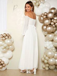 Loomaby Vestido para revelar el género maternidad, elegante y romántico con hombros descubiertos, para fiesta de revelación del género, fiesta de baby shower, vestido de maternidad