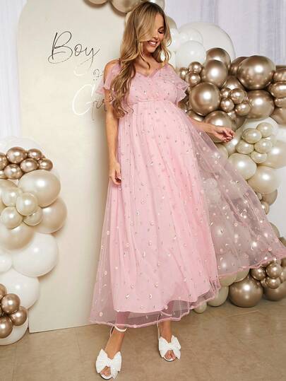 Loomaby Gender reveal jurk: jong, casual, elegant, romantisch, unisex, open feestjurk, spaghettibandjes, mesh-borduurwerk, lange aansluitende zwangerschapsjurk, babyshowerjurk