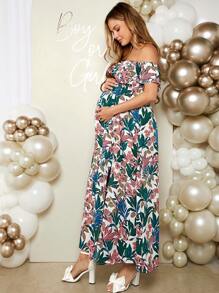 SHEIN Thanh lịch & Lãng mạn Không giới tính Tắm em bé Off Shoulder Đường viền cổ áo In thực vật Đã thu thập Eo Dài Thai sản Đầm - Nhiều màu - Xem 5