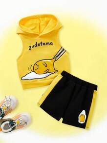 Gudetama X SHEIN 嬰兒男童卡通字母印花帽t和短褲套裝 - 黃色 - 查看 1