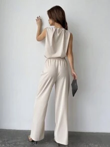 Firerie Solid Color Round Neck Pleated Top And Wide Leg Pants - White - View 2