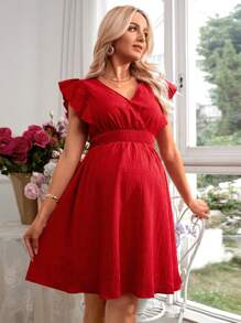 SHEIN Maternity Romantic Holiday Ruffled Sleeve V-Neck Dress - Red - View 5