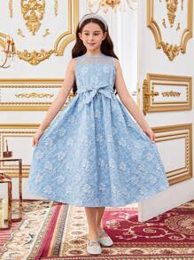 SHEIN Tween Girls' Loose Fit Casual Jacquard Dress With Mesh Jacket 2pcs/Set