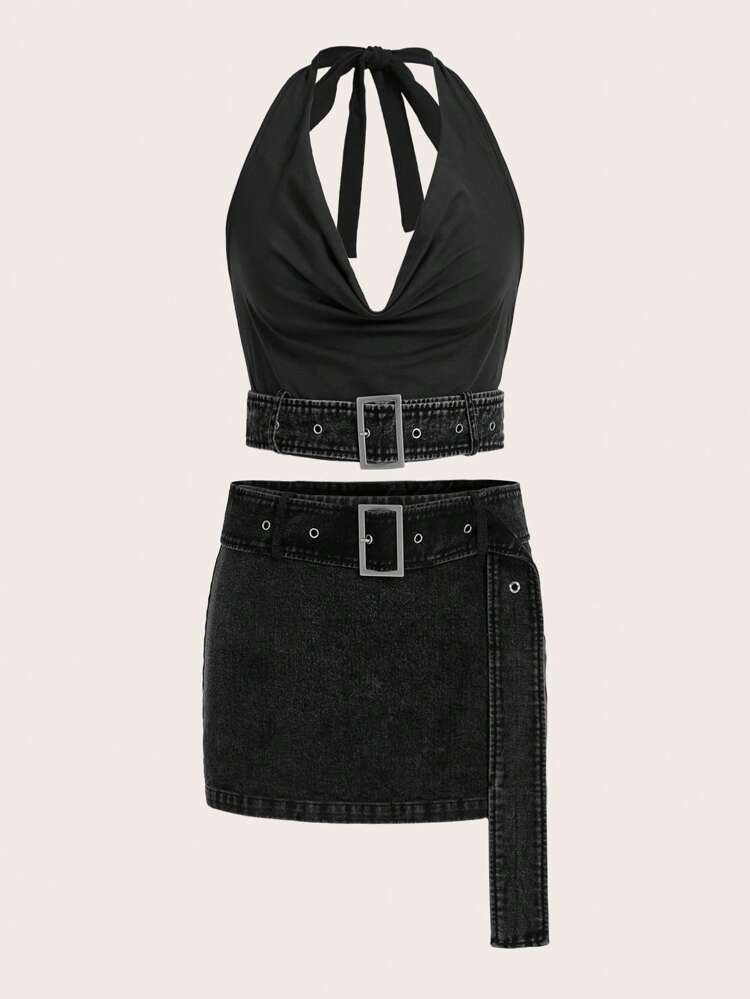 Y2K Halter Neck Backless Crop Top And Low Waist Water Washed Bodycon Mini Skirt Set