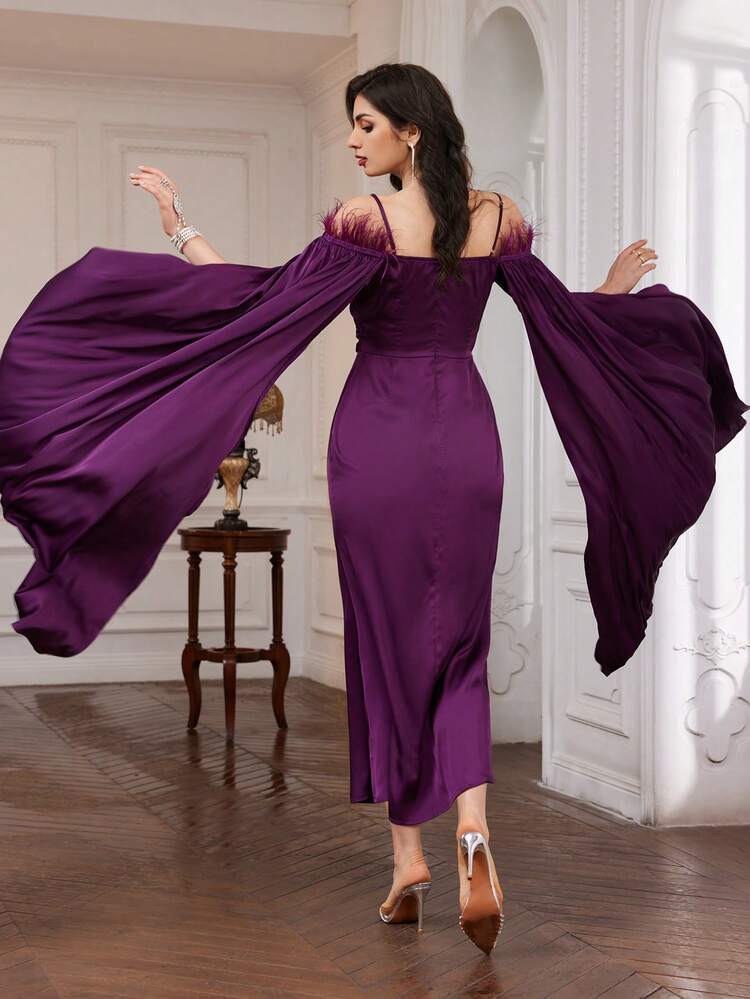 Furry Open Shoulder Cape Sleeve Cami Dress