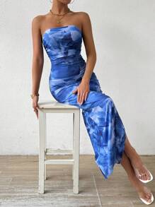 Women's Plant Print Side Slit Slimming Mesh Strapless Dress Maxi Women Outfit - Dusty Blue - View 5