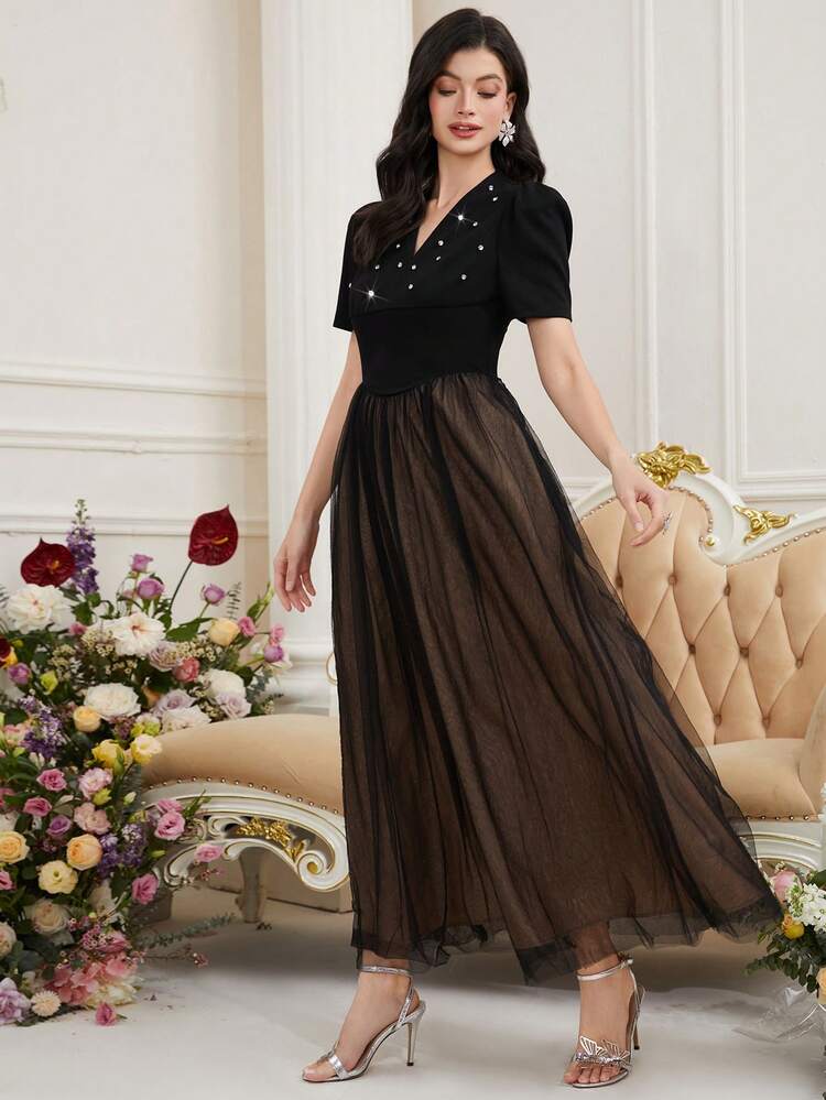 Women's Short Puff Sleeve Arabian Style Dress With Rhinestones & Mesh Hem,Elegant Evening Party Dress Long Evening Dresses