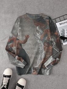 Manfinity LEGND Nam Vòng cổ Tay áo dài Chân dung Mô hình Áo len - Xám - Xem 2