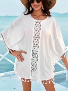 SHEIN VCAY Blusa De Encaje Con Dobladillo De Borlas. Ideal Para Vacaciones - Blanco - Ver 5