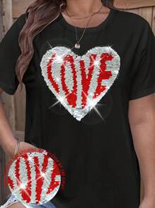 SHEIN LUNE Plus Size Women's Heart Shaped Sequin Short Sleeve Tee With Regular Shoulder - Black - View 1