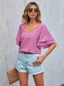 SHEIN LUNE Polka Dot Print V-Neck Ruffle Sleeve Blouse - Pink - View 7