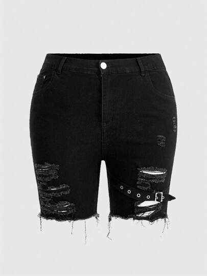 Grunge Punk Shorts di jeans skinny con orlo strappato e sfilacciato, taglia comoda, stile scolastico