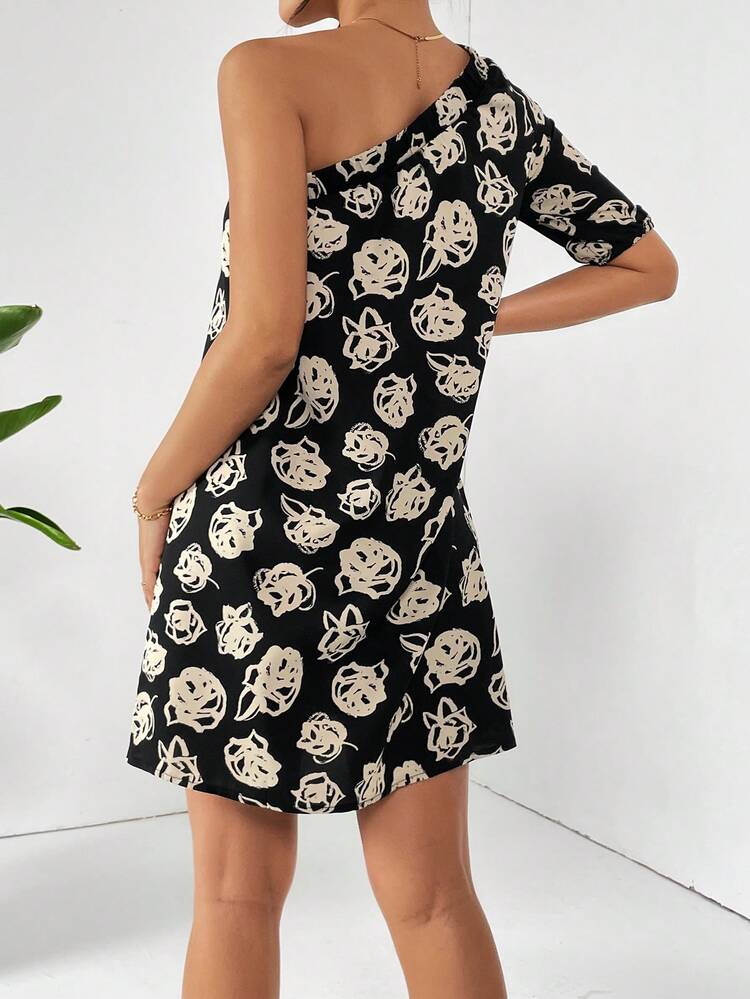 Women's Summer Flower Printed One Shoulder Short Sleeve Pouf Mini Dress