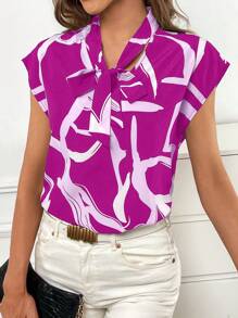SHEIN Privé Work Women Tops Graphic Print Tie Neck Batwing Sleeve Blouse - Hot Pink - View 4