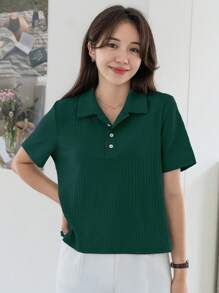 DAZY Solid Color Ribbed Knit Short Sleeve T-Shirt Summer - Dark Green - View 3