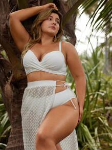 SHEIN Swim Curve Plus Size Women's Solid Color Crossed Bikini Set Summer Beach - White - View 8