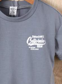 SHEIN Baby Boy Letter Printed Round Neck T-Shirt And Shorts Set - Dark Grey - View 4