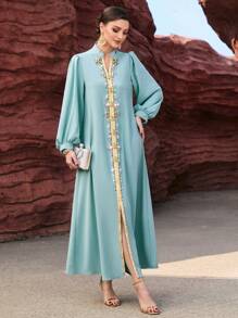 Al Najma Colorblock Woven Belt & Beaded Detail Notch Neck Slit Hem Dress