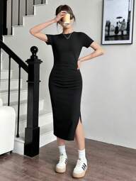 SHEIN Nastolatek Dziewczyny Trykotowy Prążkowany Talia Pofałdowany Szczelina Sukienka na co dzień