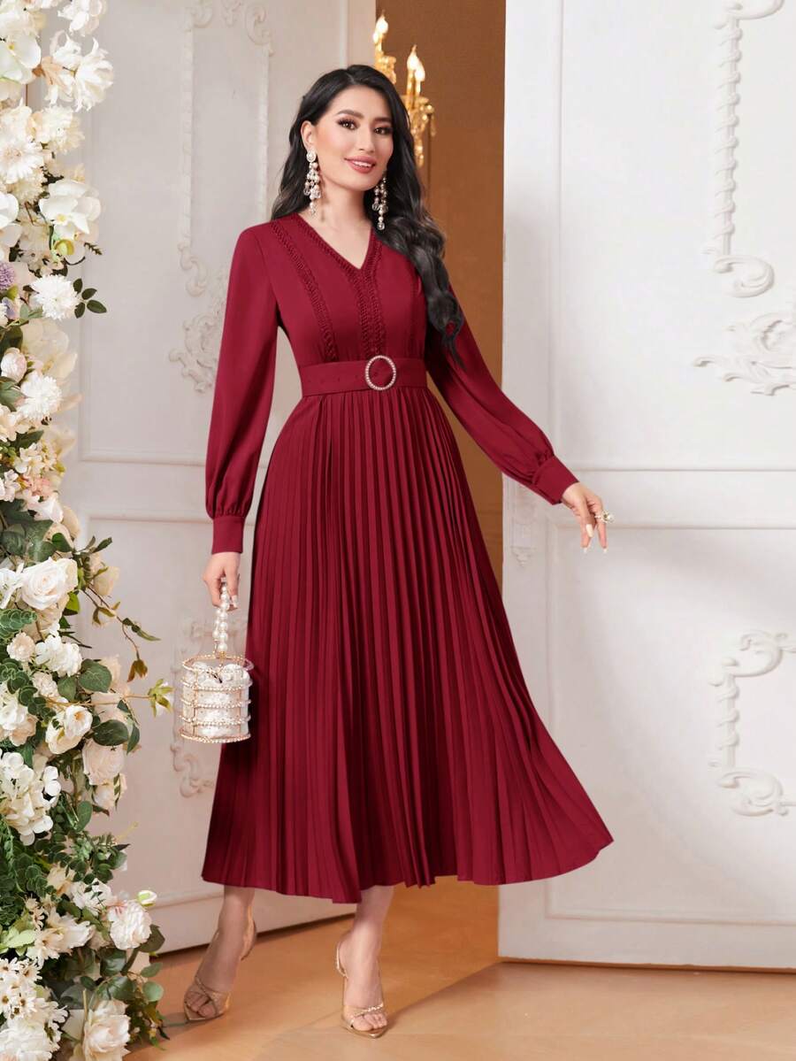 Modelyn Váy xếp ly ren trơn màu đỏ tía dành cho nữ - Màu Đỏ Sâu - Xem 1