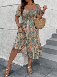 SHEIN LUNE 大尺碼女裝植物印花短袖連衣裙 - 彩色 - 查看 3