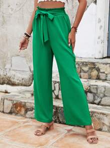 SHEIN Frenchy 夏季女士實色紙袋腰寬腿綠色褲子 - 墨綠色 - 查看 3