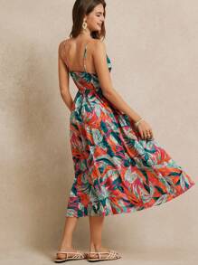 Poéselle 夏季植物印花高开叉细肩带连衣裙碎花连衣裙适合海滩度假和日常穿着乡村音乐会服装