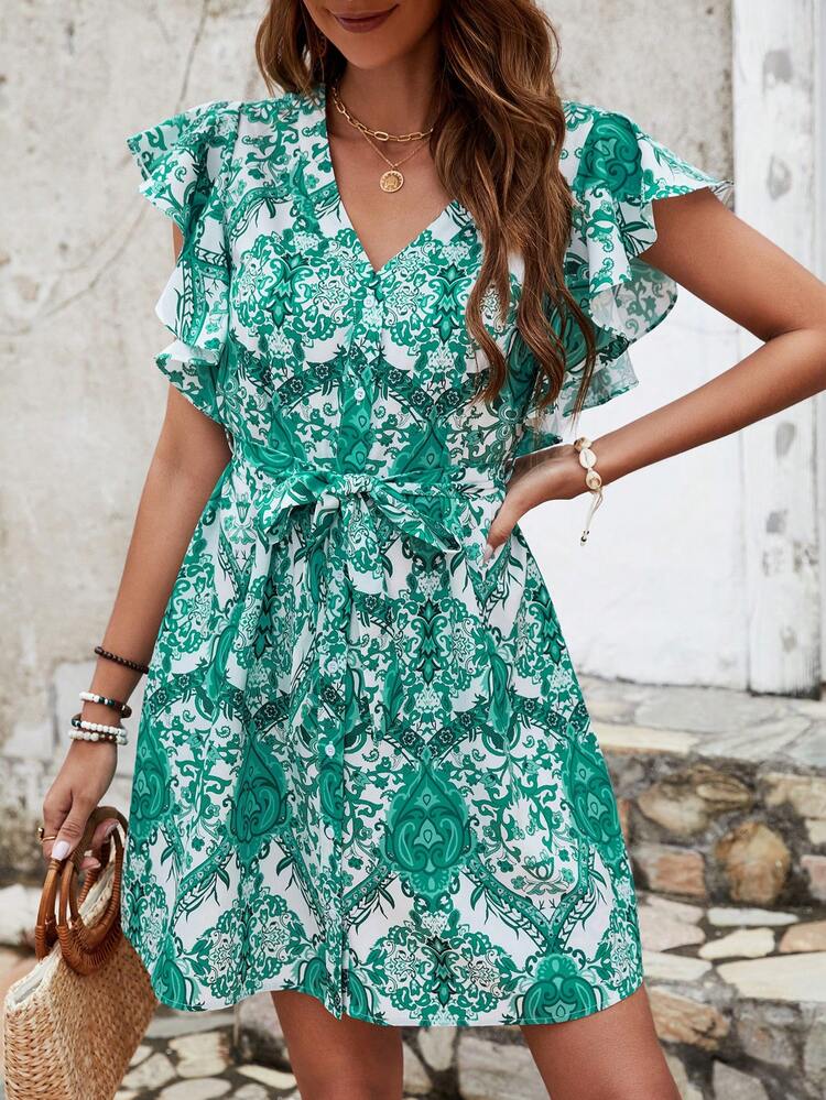 Summer Clothes Women's Floral Print Patchwork Ruffle Hem Green Dress Vacation Flower Beach