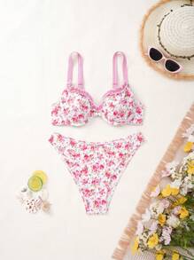 SHEIN Swim Women's Flower Print Frill Trim Bikini Set, Two-Piece Separated Bikini Set Summer Beach - Pink - View 2