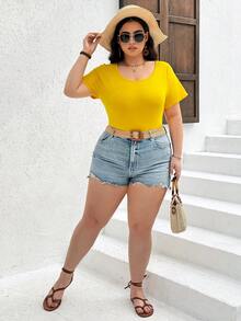SHEIN CURVE+ 大尺碼女士純色圓領短袖連身衣 - 黃色 - 查看 6