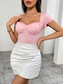 SHEIN Privé Của phụ nữ Màu hồng Xù Người yêu Đường viền cổ áo Ngắn tay Áo liền quần chặt Với Cúp - Hồng - Xem 3