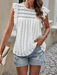 SHEIN VCAY 女士圆领短盖袖衬衫 - 白色 - 查看 3